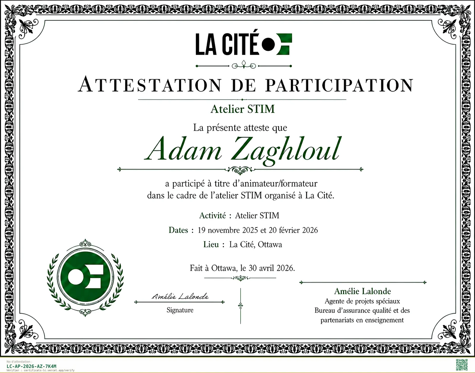 Attestation de participation — Adam Zaghloul — LC-AP-2026-AZ-7K4M